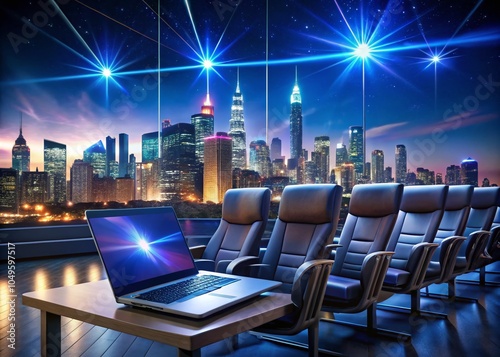 Modern Cinema Hall at Night with Digital Elements and Cityscape photo