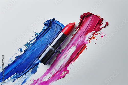 Colorful chalk pastels - education, arts ,creative, Smudged lipstick on a white background with colorful brush strokes, artistic and vivid, Colorful pencils and vibrant brushstrokes with paint
 photo