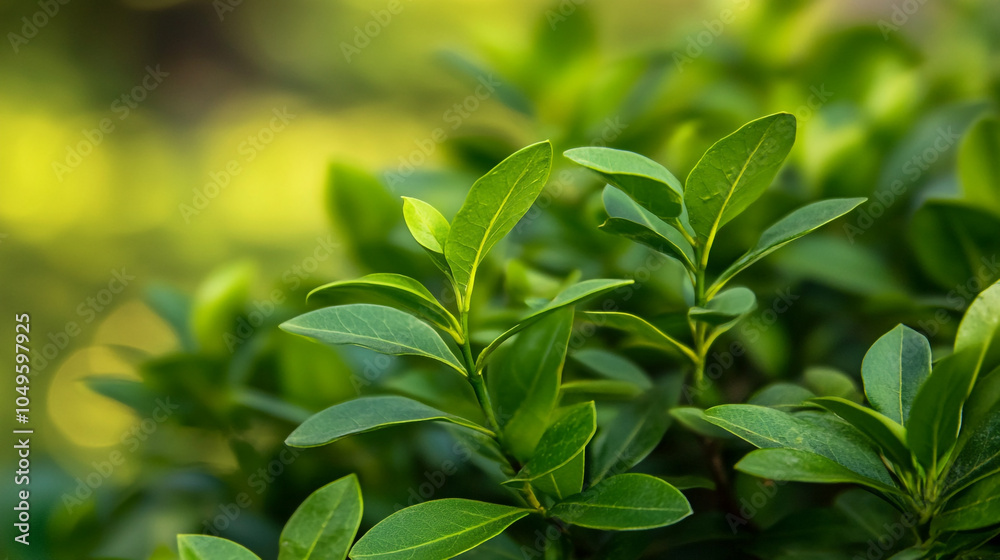 Fototapeta premium Lush green leaves basking in sunlight in a tranquil garden setting during summer