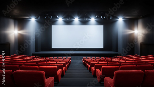 Modern Cinema Theater with Empty Screen and Red Seats