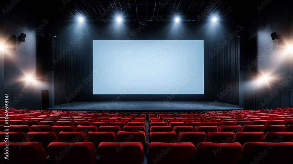 Obraz premium Modern Cinema Theater with Empty Screen and Red Seats