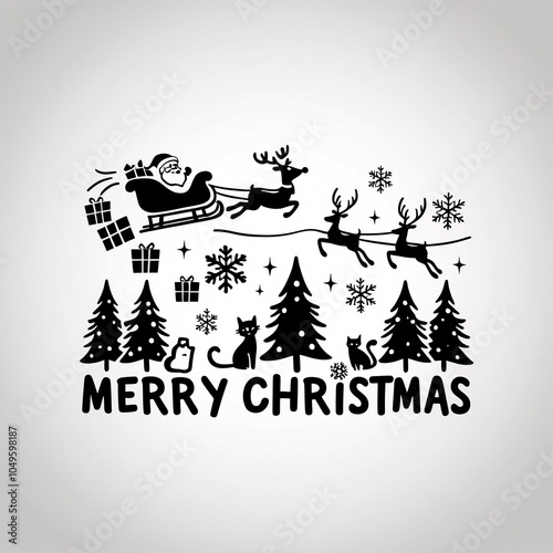 A hand-drawn, flat logo in stark black and white tones, on white background, featuring a cute and fun festive christmas winter scene including santa and his reindeer flying over trees dropping 