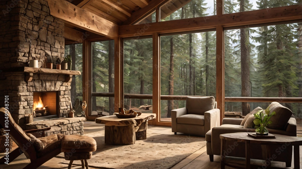 Fototapeta premium Cozy Cabin Living Room with warm wood, fireplace, and wide forest-view windows V2