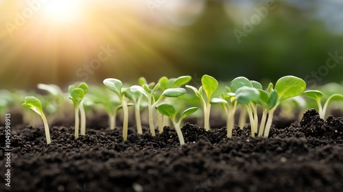 Young seedlings sprout from rich soil, bathed in warm sunlight. Image captures new life, growth, and the potential of nature at dawn.