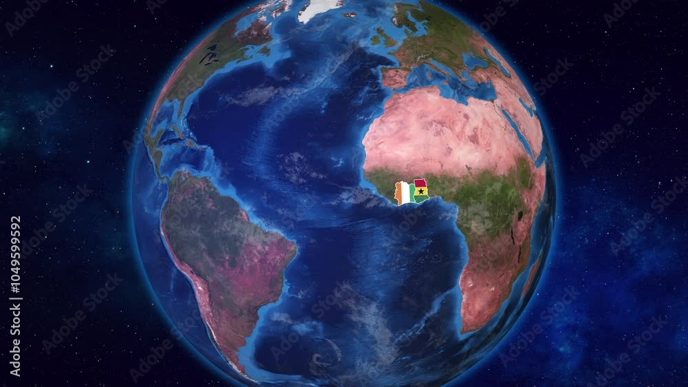 Earth Zooming on Neighbour Countries Ivory Coast And Ghana Highlighted with their flags