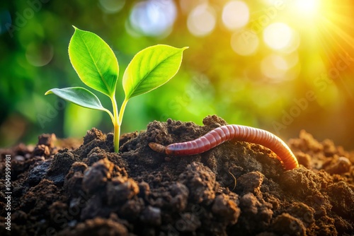 Candid Capture of a Worm Interacting with a Green Leaf in Soil Under Sunlight - Nature, Wildlife, Soil Health, Eco-Friendly, Garden, Earthworm, Botanical, Close-Up, Organic, Growth