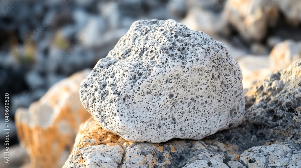 A close-up shot of a porous, white rock sitting on another rock with a blurred background. A close-up shot of a porous, white rock sitting on another rock with a blurred background.