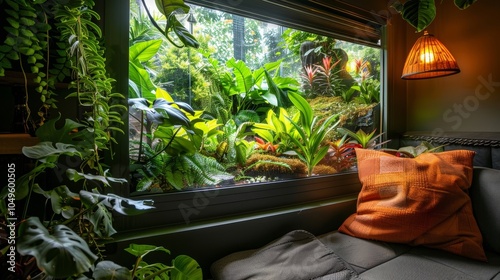 The ultimate relaxation spot featuring a vivarium window seat where you can unwind while admiring a variety of exotic plants and creatures. photo