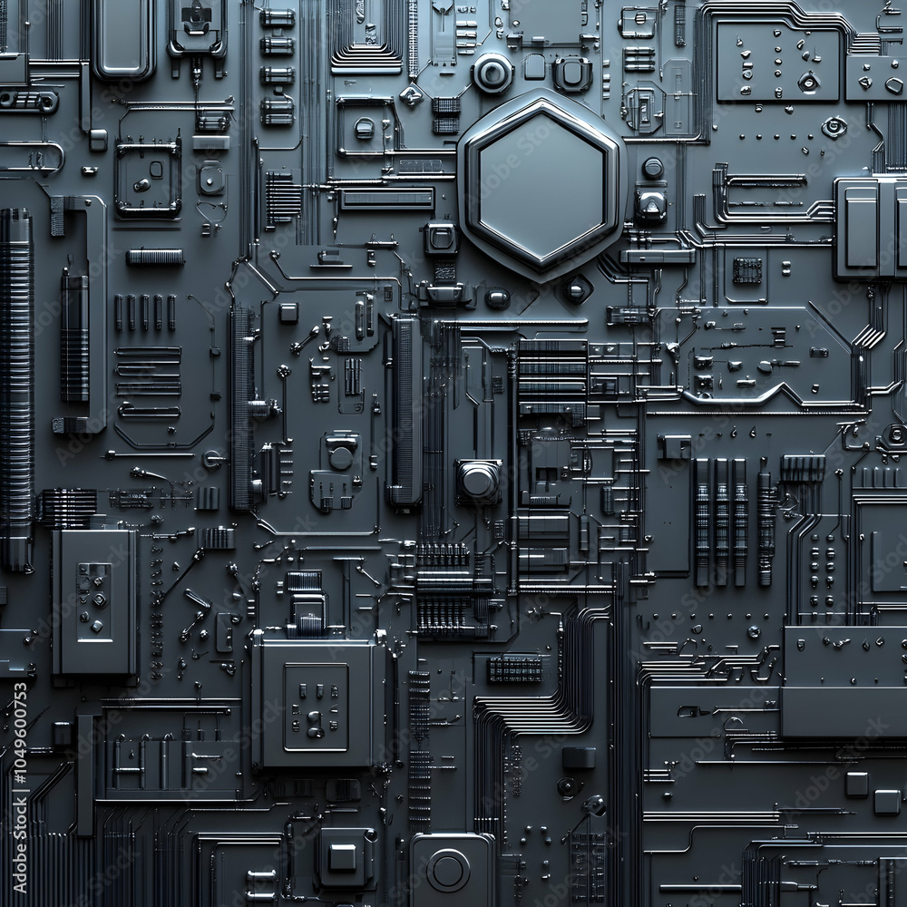 Fototapeta premium Abstract Silver Geometric Circuitry Design with Intricate Patterns Overlaid on a Dark Background