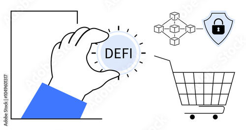 Hand holding a DEFI coin, blockchain graphic, shield with lock symbol, shopping cart. Ideal for financial technology, decentralized finance, blockchain technology, e-commerce, cybersecurity. Clean