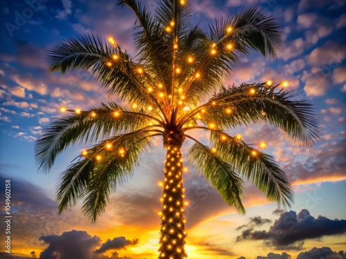 Christmas Silhouette of a Palm Tree Adorned with Luminous Garland, Holiday Decor, Festive Night, Tropical Christmas, Warm Lights, Holiday Spirit, Decorative Trees, Magical Vibes, Night Photography