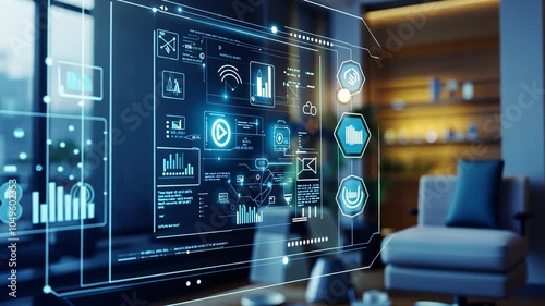 Wallpaper Mural apartment living room in smart city with hologram screen and Ai assistant application Torontodigital.ca