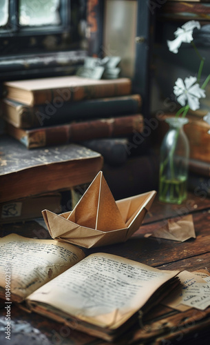 An origami boat made of brown paper