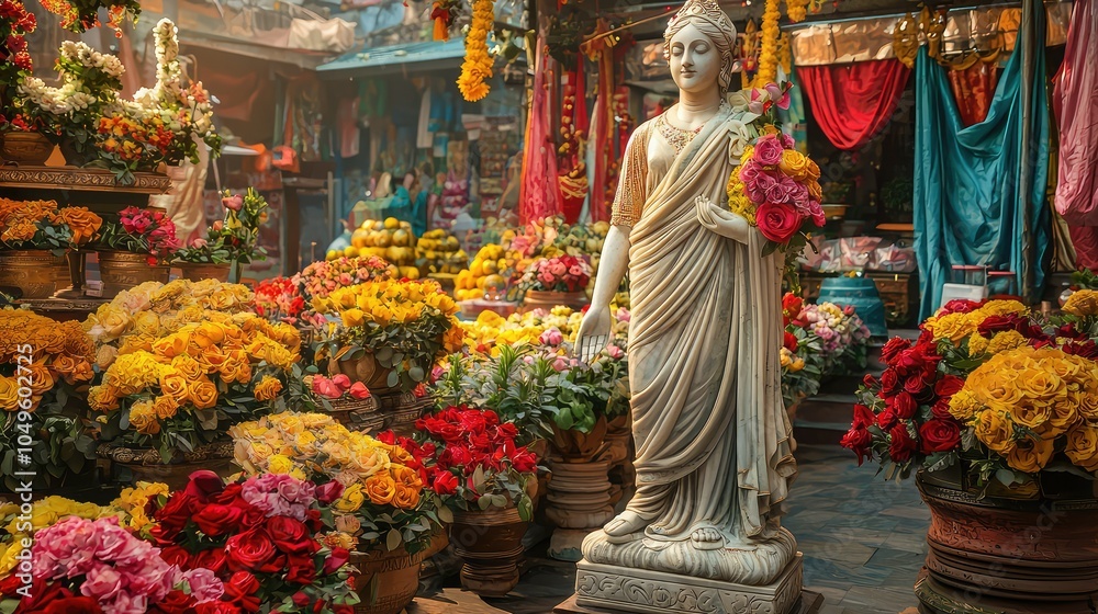 Vibrant Festival Scene with Classical Statue Among Flowers Vibrant Festival Scene with Classical Statue Among Flowers