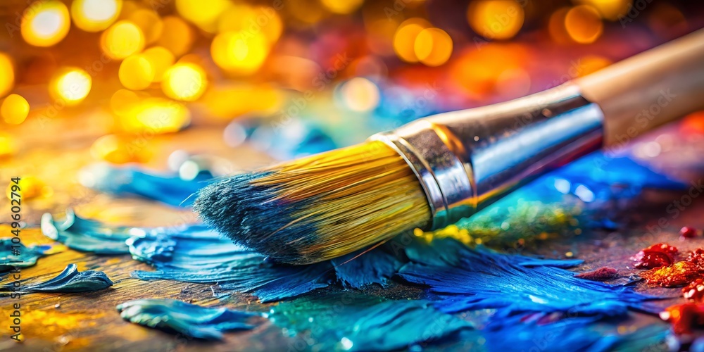 Close-up of a Paintbrush on a Palette Highlighting Blue and Yellow Paint for Artistic Inspiration and Creativity in Portrait Photography Close-up of a Paintbrush on a Palette Highlighting Blue and Yellow Paint for Artistic Inspiration and Creativity in Portrait Photography