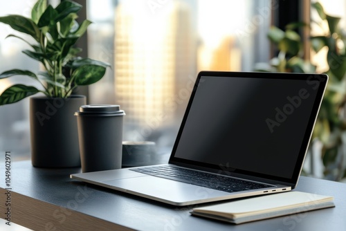 Wooden Desk Setup with Laptop and Cityscape View