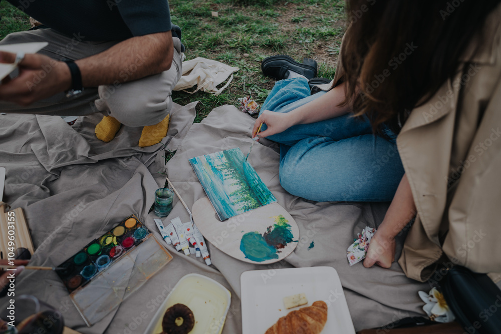 Obraz premium A group of people having a picnic and painting outdoors. The scene captures creativity, relaxation, and friendship on a sunny day.