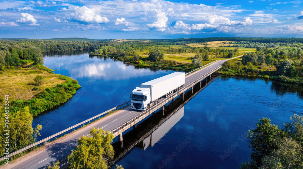 Truck Driving Across a Scenic Bridge Overwater Truck Driving Across a Scenic Bridge Overwater
