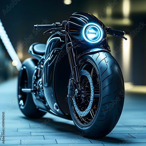 Sharp Angular Motorcycle Logo Focusing on Front Wheel, Modern Design Elements, Close-Up Shot photo