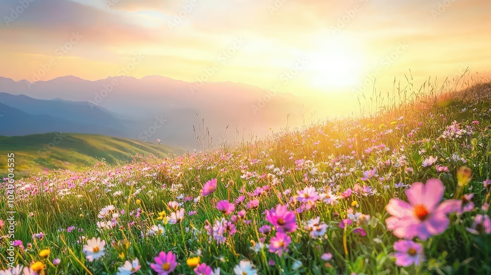 Serene Sunrise Over Wildflower-Covered Rolling Hills Serene Sunrise Over Wildflower-Covered Rolling Hills
