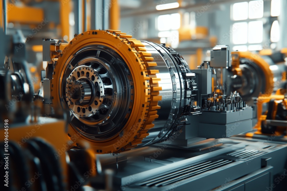Fototapeta premium Intricate industrial turbine component in a manufacturing facility surrounded by precision machinery