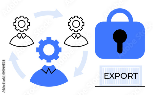 Three individuals with gear heads indicating collaboration, arrows suggest a process flow, next to a lock symbol for security and the word EXPORT. Ideal for data management, cybersecurity