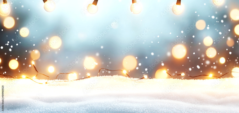 Obraz premium Winter market with twinkling lights, snow falling, festive holiday atmosphere