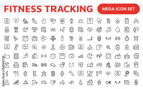 Health Tracking Icon Set. Clean and modern icons for fitness, wellness, and medical apps, perfect for tracking workouts, nutrition, vitals, and overall well-being in a user-friendly way.