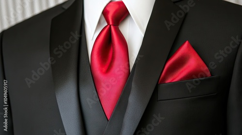 A close-up of a formal black suit with a sharp red tie and pocket square, creating a refined and professional look. photo