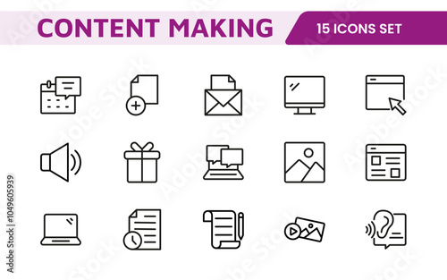 Content Creation Icon Set. Creative and versatile icons for bloggers, vloggers, and digital creators, perfect for enhancing editing tools, social media apps, and multimedia projects.