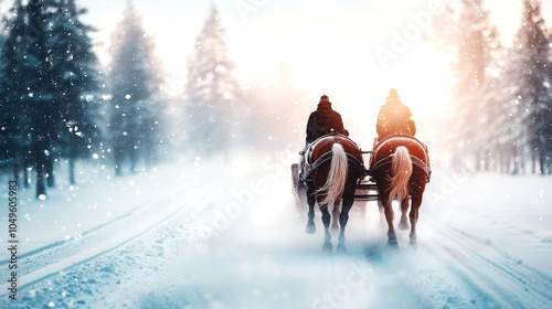 Horse-drawn sleigh gliding through a snowy forest, magical winter time photo