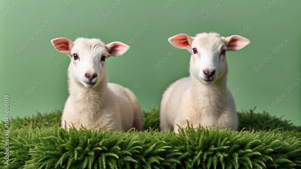 Obraz premium Two white lambs sitting on green grass, looking directly at the camera.