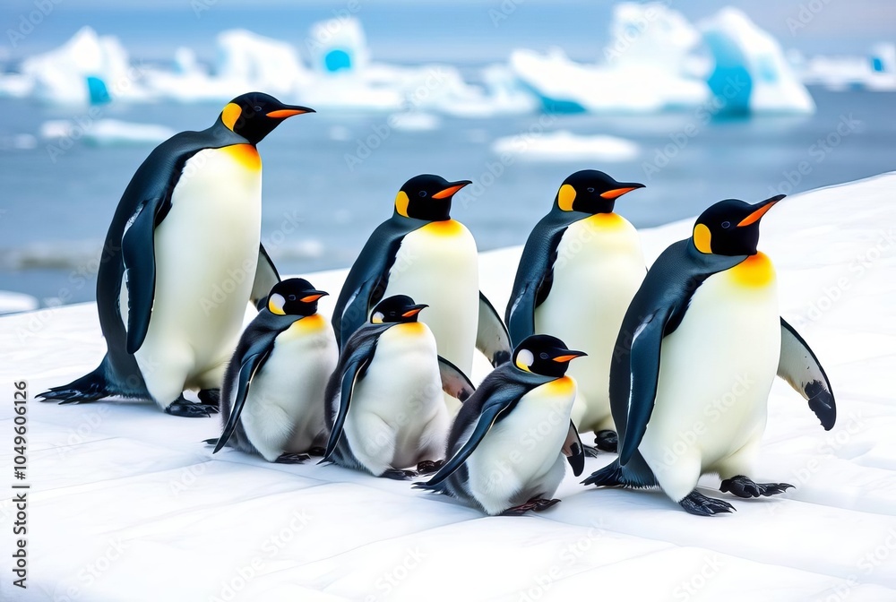 Fototapeta premium Penguin Family A group of penguins sliding down an icy slope wit