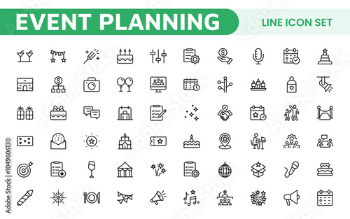Event Planning Icon Set. Stylish and functional icons for organizers, perfect for scheduling, venue management, and event promotion, ideal for apps, websites, and marketing materials.