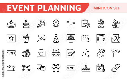 Event Planning Icon Set. Stylish and functional icons for organizers, perfect for scheduling, venue management, and event promotion, ideal for apps, websites, and marketing materials.