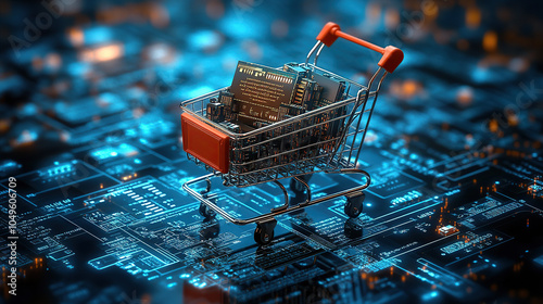 Digital shopping cart with electronic components on a blue digital background, an online shopping concept photo