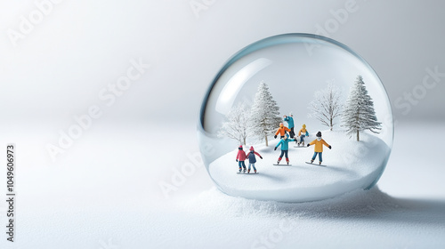 charming snow globe featuring families ice skating on frozen surface surrounded by snow covered trees, evoking sense of winter joy and nostalgia