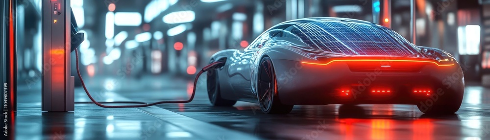 Obraz premium A solar-powered car charging at a futuristic electric station