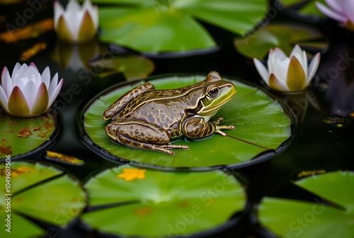 _. Frog resting on a lily pad in a pondA frog sitting on a lily photo