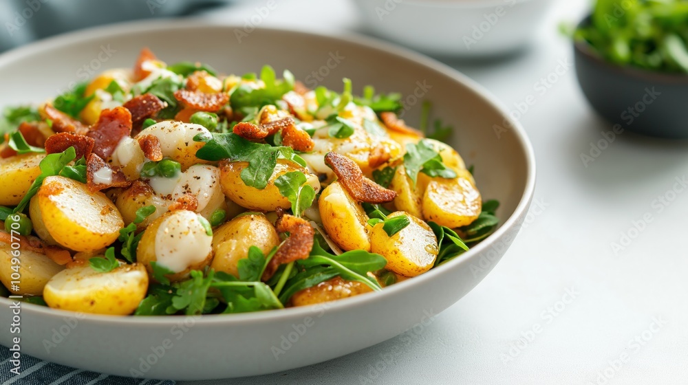 Fresh potato salad with greens and crispy toppings prepared in a modern kitchen setting during the day. Fresh potato salad with greens and crispy toppings prepared in a modern kitchen setting during the day.