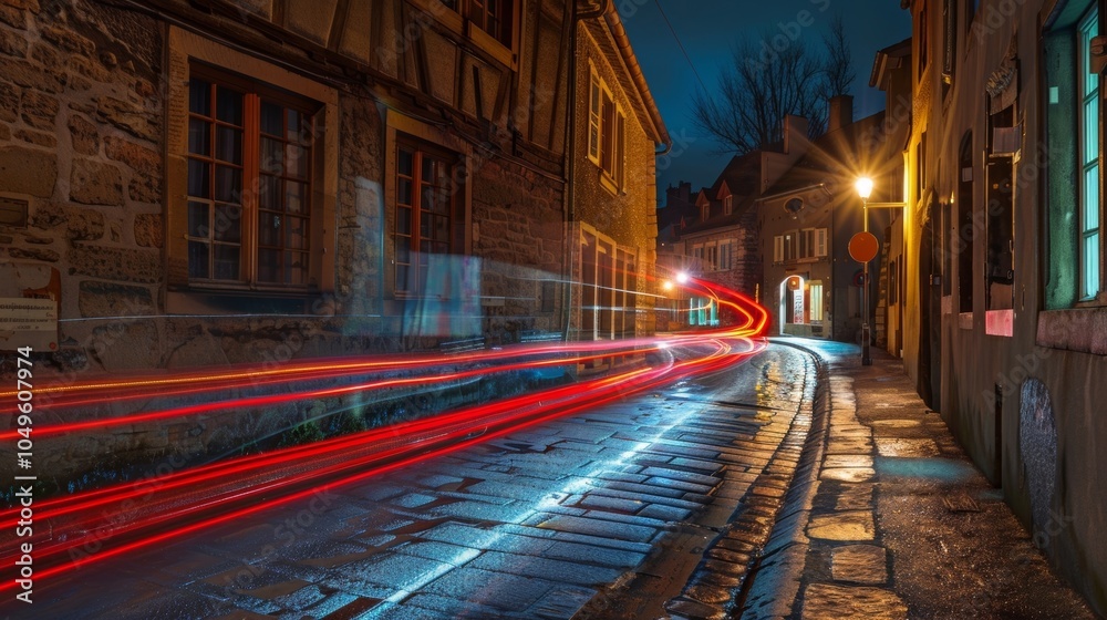 Obraz premium The vibrant light trails of passing vehicles illuminate the narrow streets of an 18th century European village adding a modern touch to the historic setting.