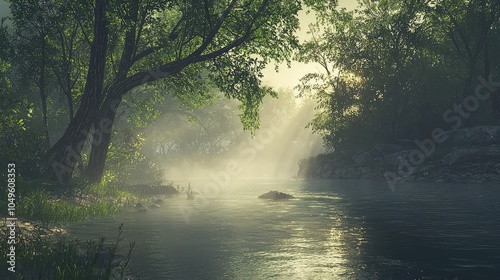 Serene Riverbank at Dawn with Rising Mist