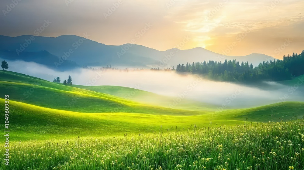 Naklejka premium Serene Meadow with Soft Mist at Sunrise