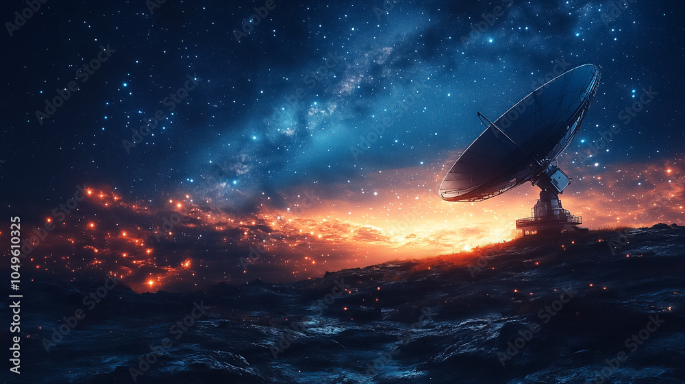 A satellite dish is directed towards the star-filled sky at dusk, seeking signals amidst the celestial beauty A satellite dish is directed towards the star-filled sky at dusk, seeking signals amidst the celestial beauty
