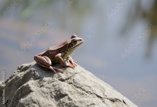 Frog sitting on a rock by a pondA frog perched on a rock enjoyin photo