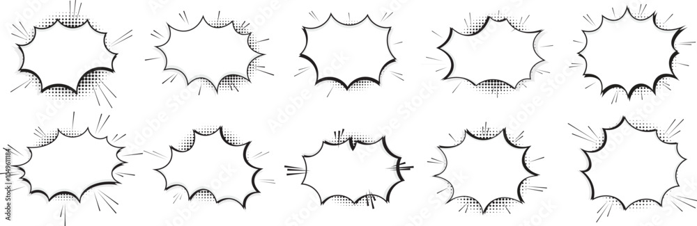 Comic speech bubbles background with halftone dots.  Comic effect shapes. Empty speech bubbles for dialog, communication and conversation pop art styles