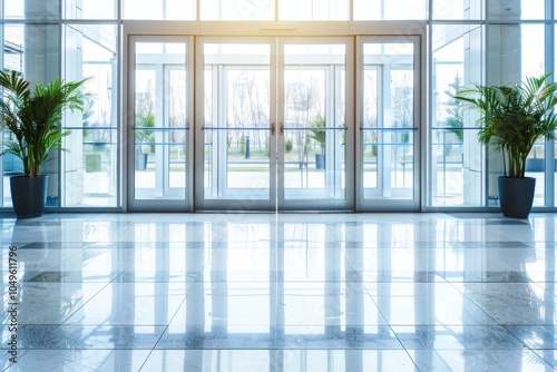 Contemporary architectural design modern building entrance with glass doors and lush greenery