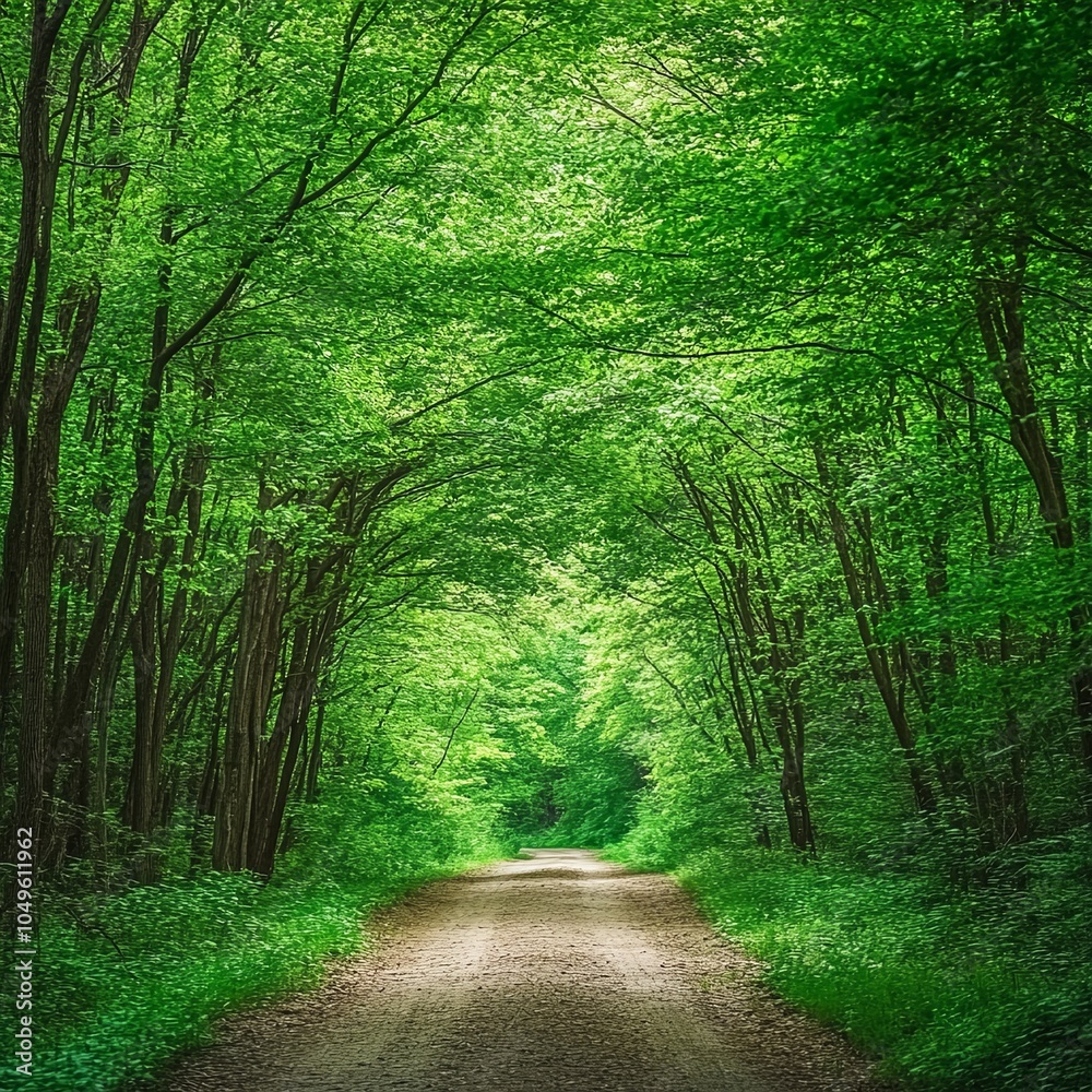 Fototapeta premium view inside a dense green spring deciduous forest with a deserted dirt road in the center. beautiful woodland landscape. widescreen format
