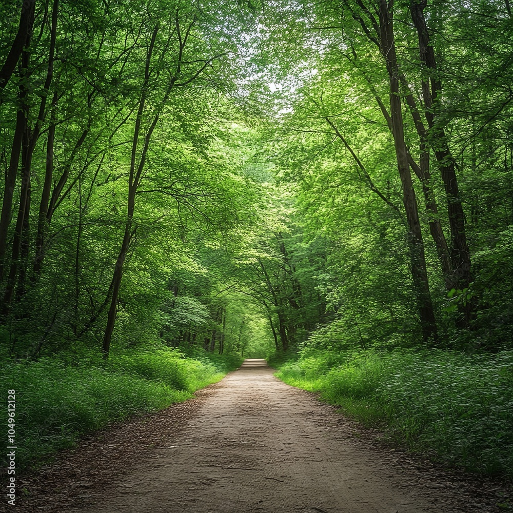 Obraz premium view inside a dense green spring deciduous forest with a deserted dirt road in the center. beautiful woodland landscape. widescreen format