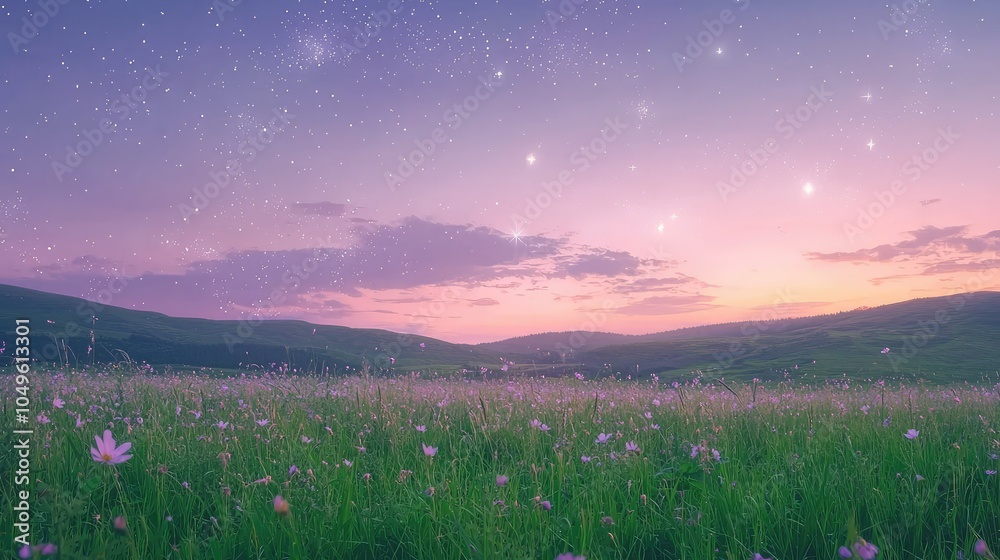 Naklejka premium Serene Meadow at Dusk with Soft Sky Colors